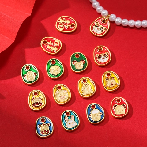 Enamel Alloy Twelve Zodiac Animal Pendants Cartoon Fu Character DIY Necklace Bracelet Charms For Jewelry Making Accessories DIY