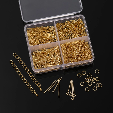 Kit Accesorios Joyería Hechos a Mano Caja Alfileres de Ojo Alfileres de Cabeza Anillos de Salto Cadenas Extensión DIY Metal
