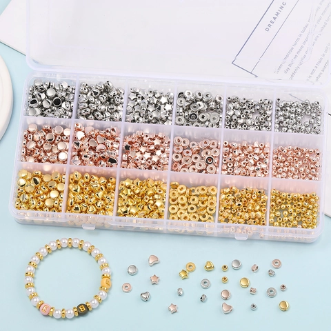 Set di Perle CCB a 18 Scomparti per Creazione Gioielli Stelle Cuori Perline Distanziatrici Kit Fai da Te Bracciali Collane Oro Argento Oro Rosa Perle di Plastica Metalliche