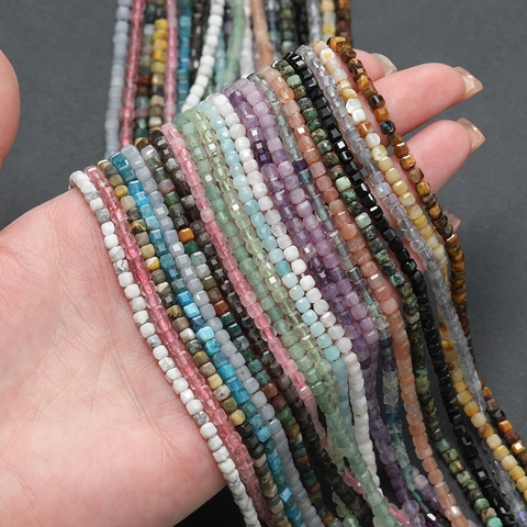 Natural Stone Faceted Cube Beads Strawberry Quartz Green Aventurine Loose Spacer Beads For DIY Jewelry Making Handmade Necklaces Bracelets Accessories