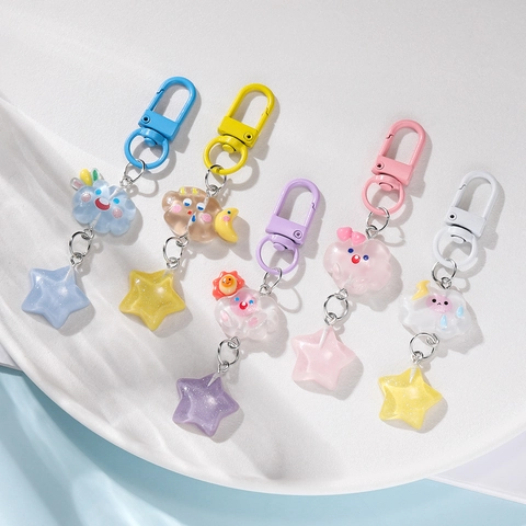 Süße Cartoon Wolke Stern Harz Schlüsselanhänger Für Damen Tasche Anhänger Lack Legierung Karabinerverschluss Sternen Glitzer Harz Keyring Geschenk