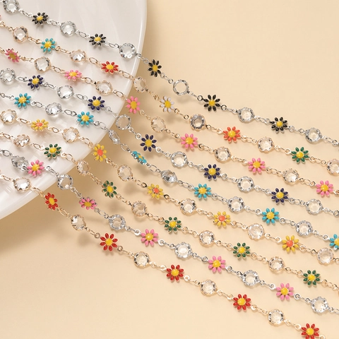 DIY Daisy Heart Rhinestone Iron Chain For Jewelry Making Enamel Flower Decorative Accessories Handcrafted Necklace Crafting