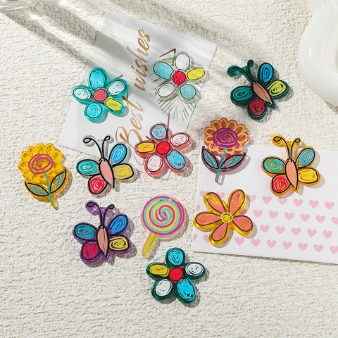 Cute Acrylic Flower Butterfly Lollipop DIY Charms Hand Painted Doodle Style Printed Pendants For Jewelry Making Decoration