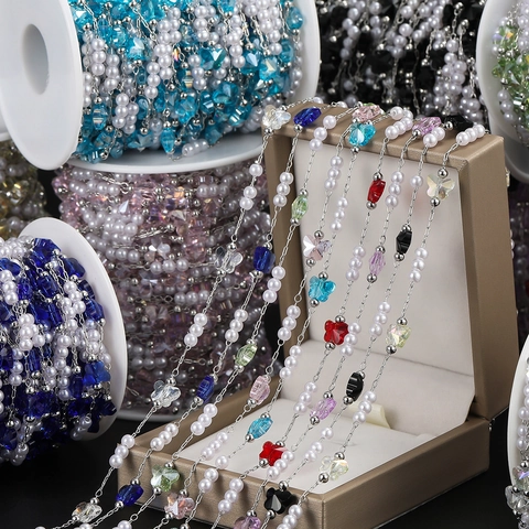 DIY Jewelry Chain With Imitation Artificial Pearl And Crystal Butterfly Beads Copper Link Chain For Bracelet Necklace Making