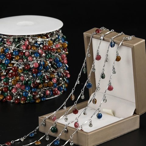Catena per Gioielli Fai da Te in Rame Galvanizzato Con Ciondoli Floreali Glitterati Multicolore e Strass Forniture Artigianali