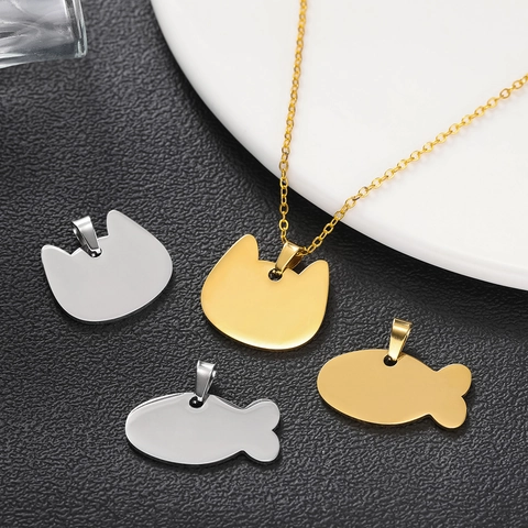 Edelstahl Katze Und Fisch Form Haustier Identität Marke Anhänger Spiegel Poliert Metall DIY Schmuck Zubehör Für Hund Katze Halsband Gold Silber