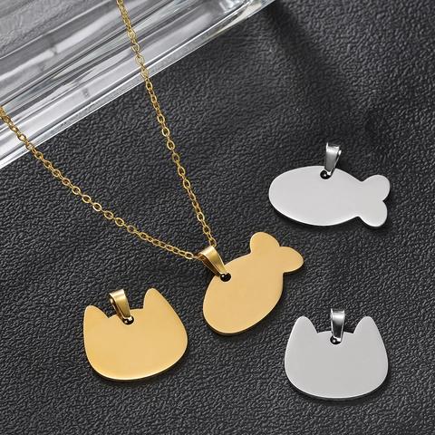Edelstahl Katze Und Fisch Form Haustier Identität Marke Anhänger Spiegel Poliert Metall DIY Schmuck Zubehör Für Hund Katze Halsband Gold Silber