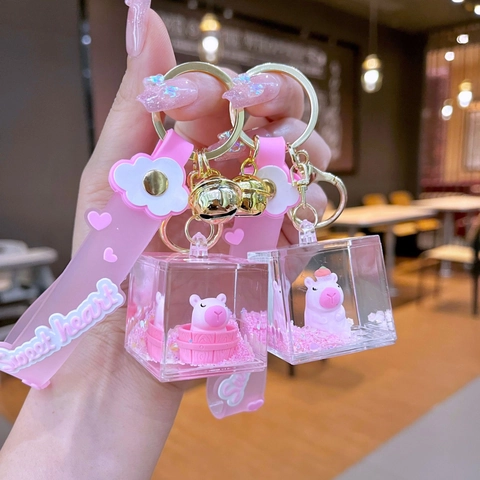 Mignon Porte-clés Bouteille de Sable Mouvant Capybara Pendentif Bouteille à la Dérive d'Huile Acrylique Avec Dragonne en Silicone Clochette Ornement de Sac