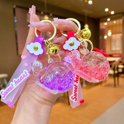 Porte-clés Hélicoptère Cartoon à Sable Mouvant Liquide Perles Lumineuses Avion Porte-clés Sangle PVC Sweet Heart avec Cloche