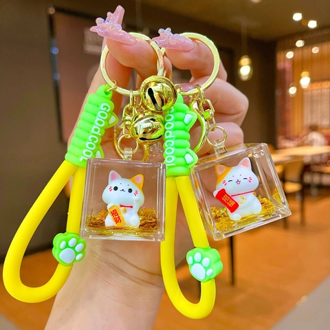 Portachiavi Creativo Gatto della Fortuna con Sabbia Liquida Acrilico Riempito d'Olio Ciondolo Borsa Regalo di Buona Fortuna