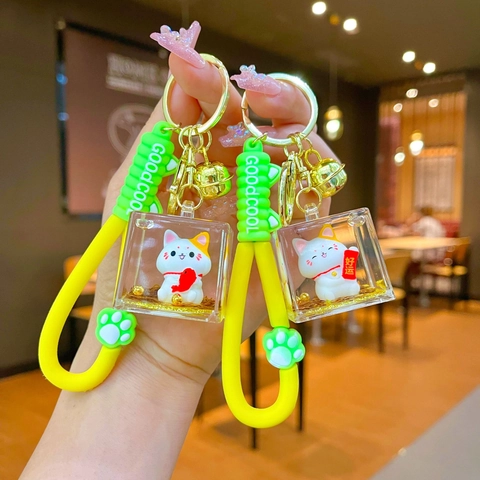 Portachiavi Creativo Gatto della Fortuna con Sabbia Liquida Acrilico Riempito d'Olio Ciondolo Borsa Regalo di Buona Fortuna
