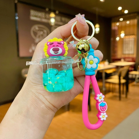 Llavero Luminoso Oso Dibujos Animados Botella de Arena Movediza Líquida Colgante Con Correa de Silicona Campana Adorno de Bolso Decorativo Para Mujeres Niños