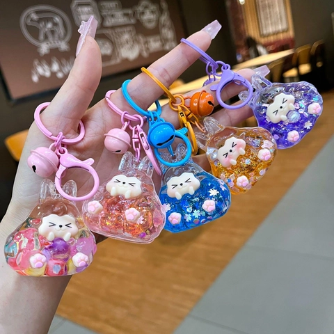 Portachiavi in Acrilico con Coniglio di Cartone Animato Sabbia Mobile Liquida Paillettes Campanello Pendente Borsa Donna Regalo