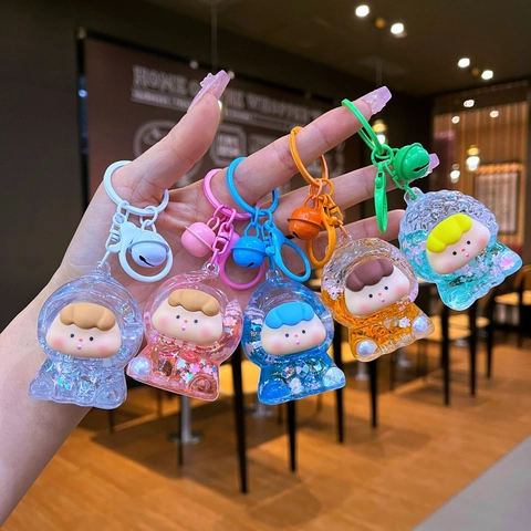 Simpatico Portachiavi in Acrilico con Sabbia Mobile Glitter Liquido Luminoso Ragazza di Frutta Ciondolo Borsa con Campanellino Regalo per Bambini
