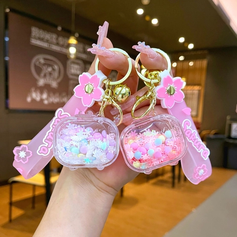 Cartoon Sakura Quicksand Keychain Silicone Wristband Bell TV Shaped Transparent Liquid Keychain Bag Charm Women Keyring