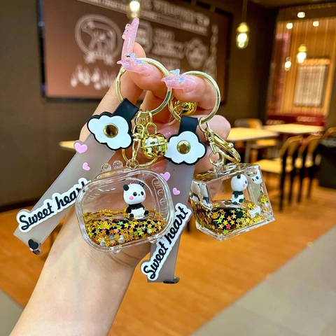Portachiavi Panda Cartone Animato con Sabbie Mobili Liquide Acrilico con Paillettes a Stella Portachiavi Carino per Borsa Donna Bambini