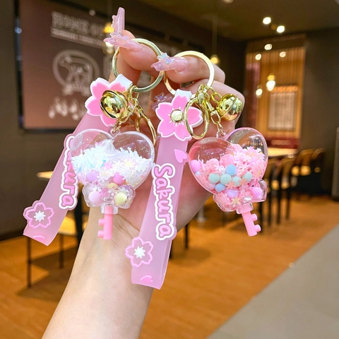 Sakura Heart Liquid Quicksand Keychain Acrylic Glitter Key Ring With Silicone Strap For Women Girls Bag Pendant Gift