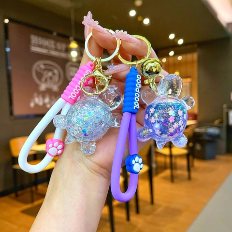 Creative Liquid Quicksand Turtle Keychain Cartoon Acrylic Oil Glitter Turtle Bag Pendant With Silicone Wristband Bell Decoration