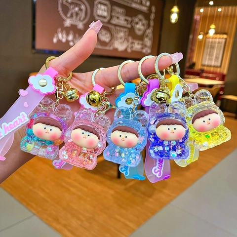 Liquid Quicksand Acrylic Cartoon Figure Keychain Cute Bunny Girl Bag Pendant With Bell And Sweet Heart Silicone Strap Gift