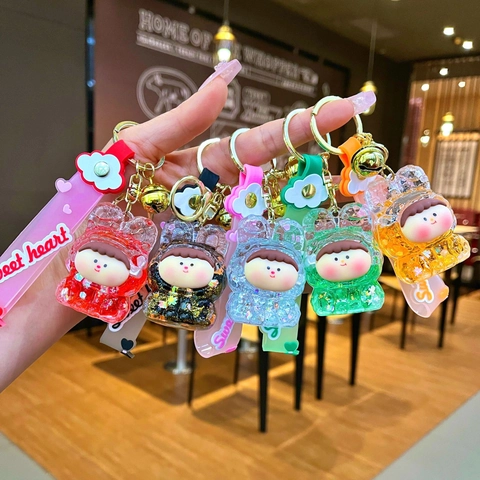 Liquid Quicksand Acrylic Cartoon Figure Keychain Cute Bunny Girl Bag Pendant With Bell And Sweet Heart Silicone Strap Gift