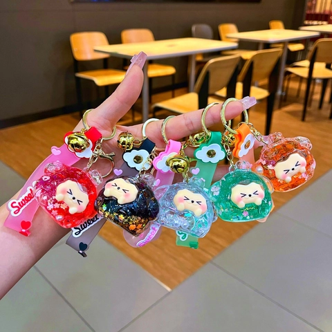 Cartoon Flüssiger Treibsand Acryl Schlüsselanhänger Bär Katze Tier Glitzer Ölgefüllter Taschenanhänger Mit Silikonband Glocke Geschenk