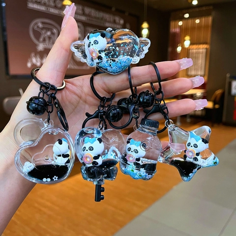 Lindo Llavero de Panda Arena Movediza Líquida Panda Flotante Rosquilla Colgante de Bolsa Acrílico Dibujos Animados Regalo