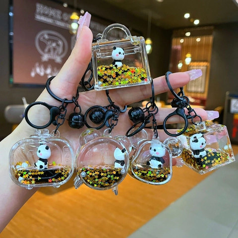 Cartoon Panda Quicksand Liquid Keychain Acrylic Gold Glitter Star Floating Bag Pendant Car Keyring Creative Gift Jewelry