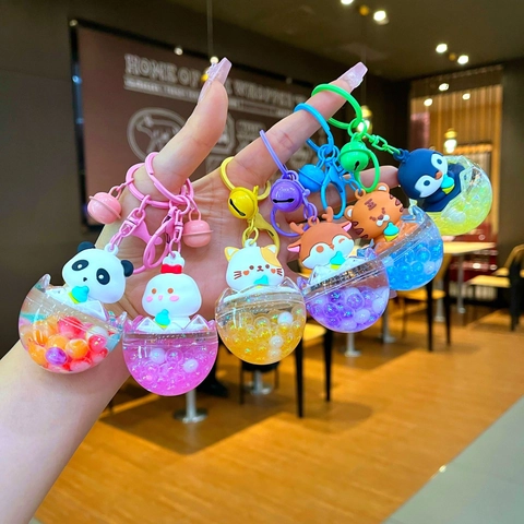Cartoon Eggshell Penguin Panda Quicksand Liquid Keychain Cute Animal Acrylic Bell Pendant Bag Accessory For Couples Friends Gift