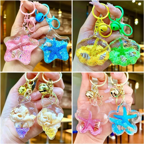 Acrylic Ocean Theme Liquid Quicksand Keychain Shell Starfish Bag Pendant Charm With Golden Bell Decorative Key Ring For Women