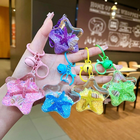 Acrylic Ocean Theme Liquid Quicksand Keychain Shell Starfish Bag Pendant Charm With Golden Bell Decorative Key Ring For Women