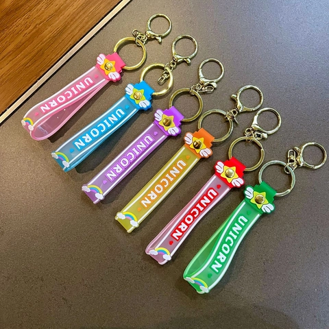 Cartoon Unicorn PVC Rubber Lanyard Keychain Gradient Colorful Wristband Pendant With Winged Star Rainbow Charms Daily Gift Accessory