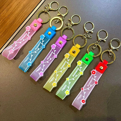 Jelly Color Flower Wristlet Keychain Soft Rubber Strap Happy Moments Print Gold Lobster Clasp Bag Hanging Charm For Women Girl Gift