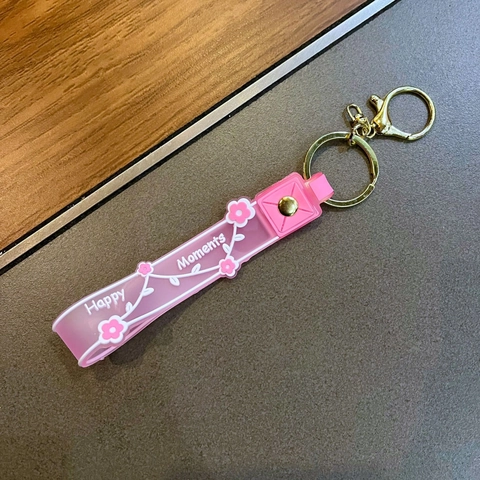 Jelly Color Flower Wristlet Keychain Soft Rubber Strap Happy Moments Print Gold Lobster Clasp Bag Hanging Charm For Women Girl Gift