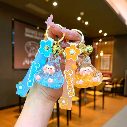 Simpatico Portachiavi in Acrilico con Sabbia Liquida Coniglio Sakura Con Cinturino in Silicone e Campanello Ciondolo per Borsa Regalo