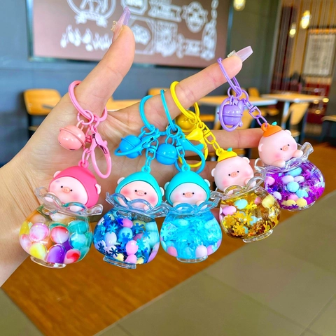 Porte-clés Bouteille de Sable Mouvant Cochon Pêche Flocon de Neige Lumineux Pendentif Cochon Flottant pour Décoration de Sacs Cadeau