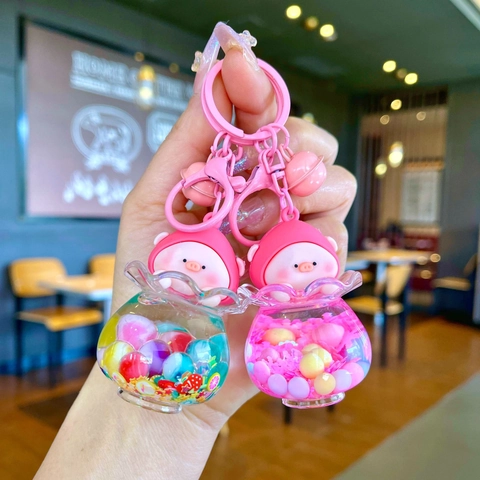 Porte-clés Bouteille de Sable Mouvant Cochon Pêche Flocon de Neige Lumineux Pendentif Cochon Flottant pour Décoration de Sacs Cadeau