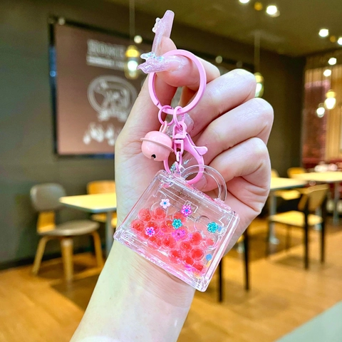 Creative Luminous Mini Handbag Acrylic Quicksand Keychain For Women Liquid Flowing Bead Sequin Bag Pendant Cute Bell Accessory Gift