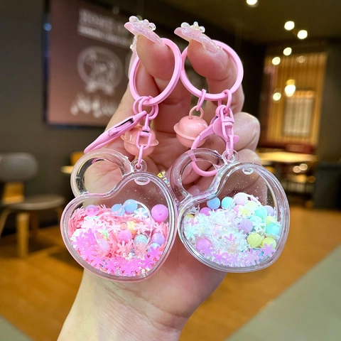Porte-Clés Huile Liquide en Forme de Cœur Pendentif en Acrylique Flocon de Neige Charme de Sac Girly Mignon Porte-Clés Lumineux