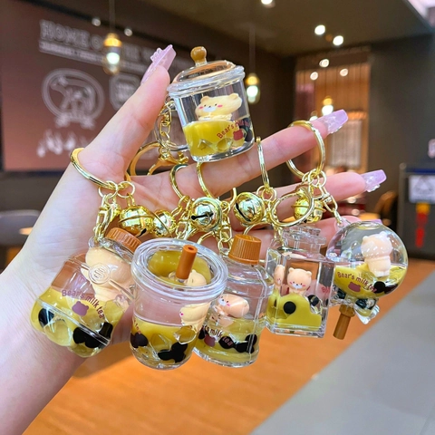 Llavero Creativo de Oso de Té de Burbujas Arenas Movedizas Líquidas Colgante de Oso Flotante de Acrílico Llavero de Aleación para Bolso