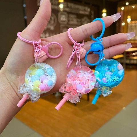 Süßer Cartoon Lutscher Schlüsselanhänger Flüssiger Treibsand Schwimmende Pailletten Acryl Harz Tasche Anhänger Mit Glocke Schleife Für Kinder Geschenk
