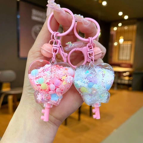Cartoon Herz Flüssig Treibsand Schlüsselanhänger Zauberstab Drift Flasche Anhänger Mit Glocke Glitzer Pailletten Für Taschen Mädchen Geschenk