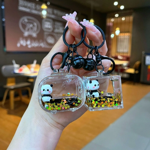 Cartoon Panda Quicksand Liquid Keychain Acrylic Gold Glitter Star Floating Bag Pendant Car Keyring Creative Gift Jewelry