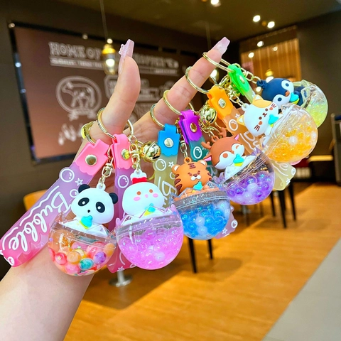 Süßer Cartoon Tier Flüssig Treibsand Schlüsselanhänger Panda Hase Tiger Hirsch Katze Pinguin In-Öl Bubble Flasche Tasche Anhänger Mit Glocke