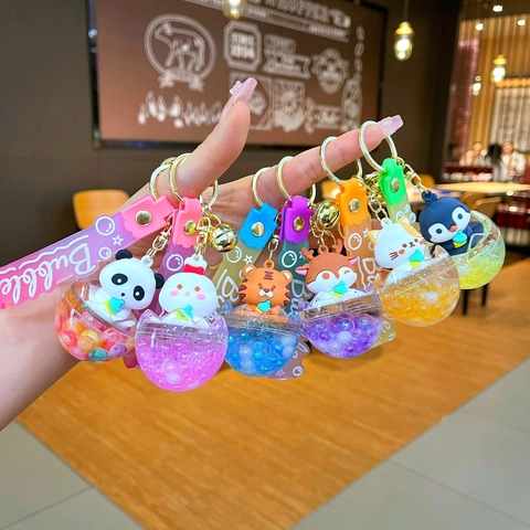 Süßer Cartoon Tier Flüssig Treibsand Schlüsselanhänger Panda Hase Tiger Hirsch Katze Pinguin In-Öl Bubble Flasche Tasche Anhänger Mit Glocke