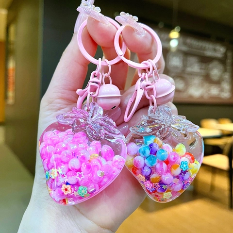 Süßer Leuchtender Erdbeere Treibsand Flasche Schlüsselanhänger Transparenter Acryl Frucht Taschenanhänger Mit Glocke Geschenk