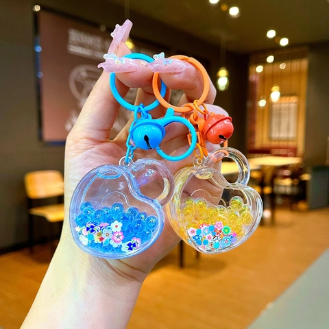 Porte-clés Créatif en Forme de Cœur Sables Mouvants Liquides Perles Colorées Paillettes Fleur Pendentif Acrylique avec Cloche