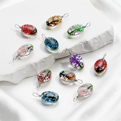 Pendentif en Verre Arbre de Vie Avec Fleurs Séchées Papillon Décoratif Forme Coeur Rond Ovale Accessoire de Bijoux Fait Main pour Femme Collier DIY
