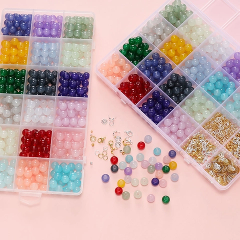 Mehrfarbige Jade-Imitat Glasperlen Schmuckherstellung Kit Legierung Zubehör Hummerverschlüsse Offene Ringe Für Ohrringe Armbänder Bastelbedarf Sortiment Kreatives Hobby Handgefertigtes Zubehör DIY Schmuckkomponenten