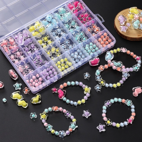 24 Grids Acrylic Multicolor Bead Kit For DIY Jewelry Making Heart Star Flower Shapes Children Handmade Bracelet Material Set