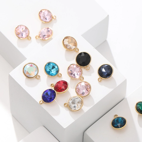 Stainless Steel Round Crystal Birthstone Pendant Gold Plated Glass Charm For DIY Jewelry Making Necklace Accessory